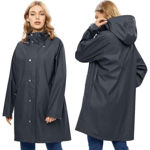 Women’s Upgrade Black Waterproof Rain Jackets Hooded Long Raincoat & Windbreaker - Picture 2 of 5